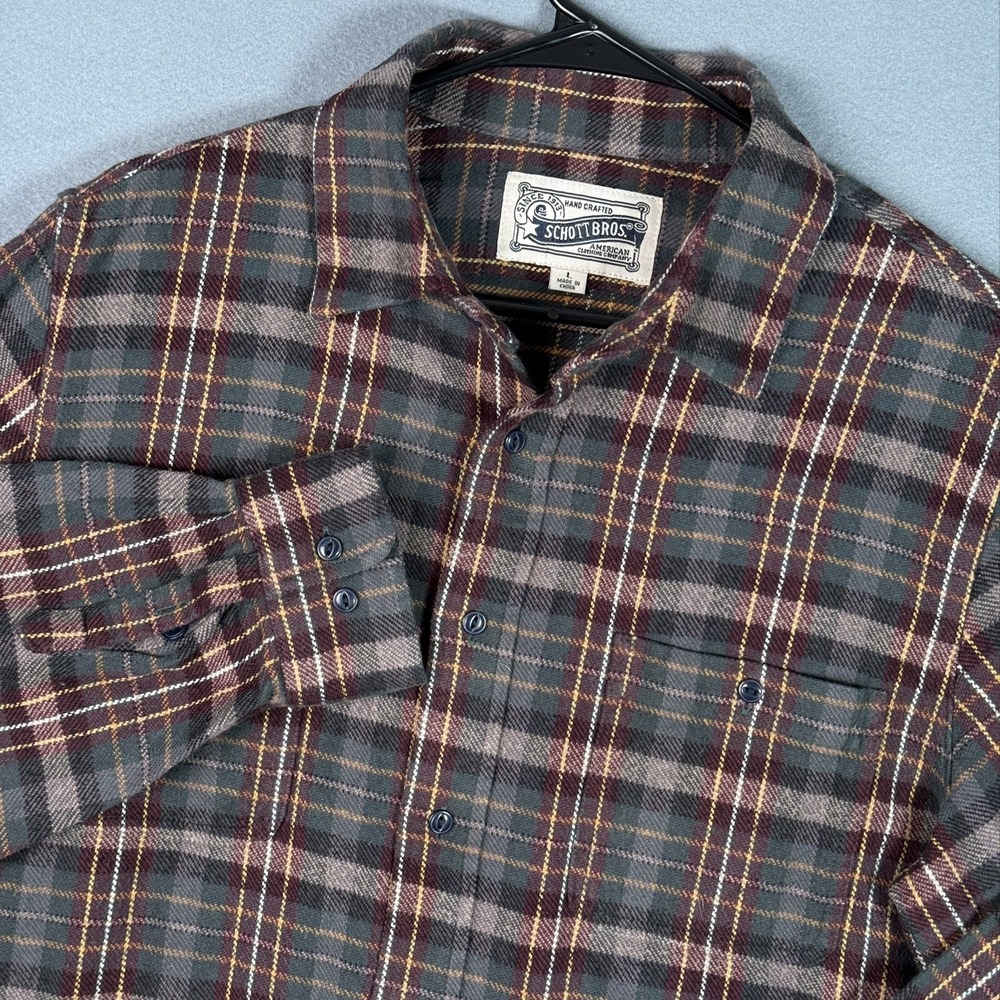 Schott Bros Shirt Men's L Red Flannel Flap Work Pockets Plaid Outdoor American